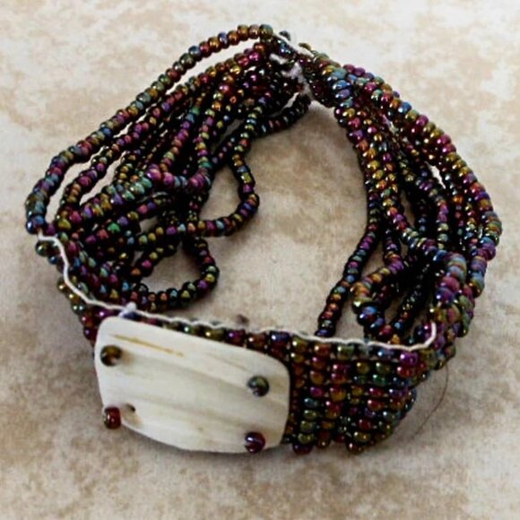 Rainbow Seed Bead Stretch Cuff Bracelet Boho Vintage - Picture 2 of 5